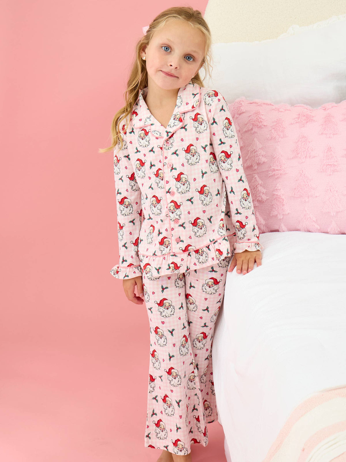 SoftSnooze™ Girls Pink Dear Santa Long Sleeve Button Up Ruffle Flare Pajama Set: Pink / 3T