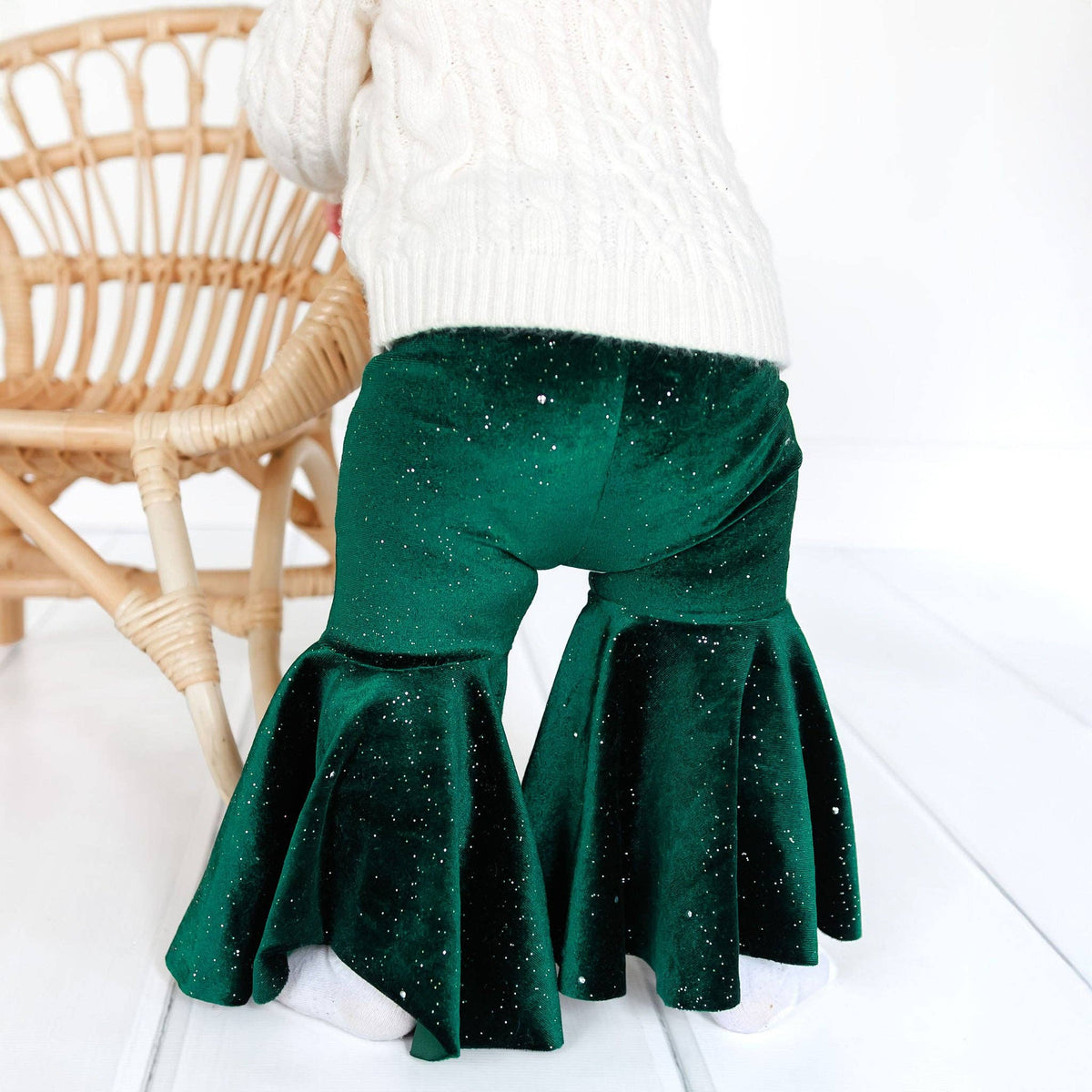Green Glitter Velvet Christmas Baby Bell Bottoms: 3 months