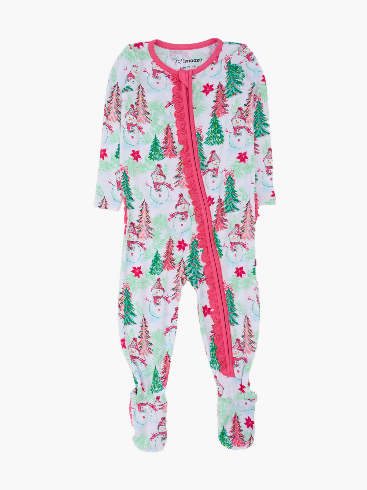 SoftSnooze™ Baby Girls Bamboo Viscose Pink Snowman Grove Footed Ruffle One Piece Pajama: Pink / 6-12m