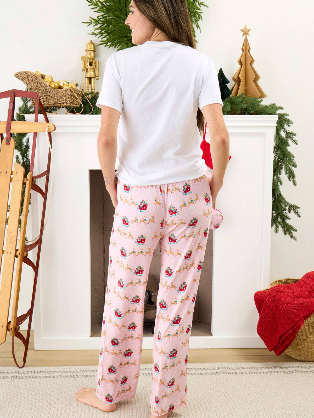 SoftSnooze™ Adult Bamboo Viscose Pink Christmas Reindeer Sleigh Ride Pajama Pants: Pink / Adult M