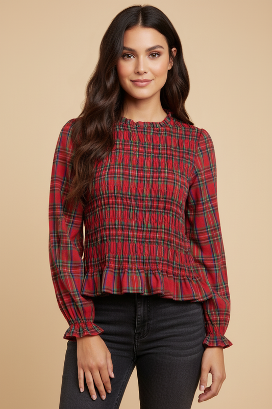 Womens Plaid Ruffle Neck Smocked Body Top