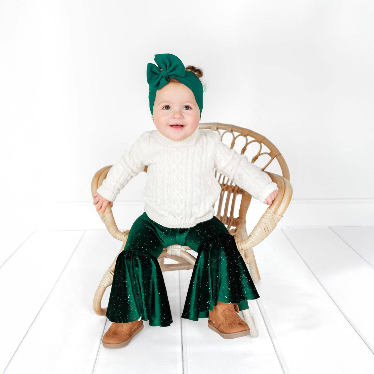 Green Glitter Velvet Christmas Baby Bell Bottoms: 12 months