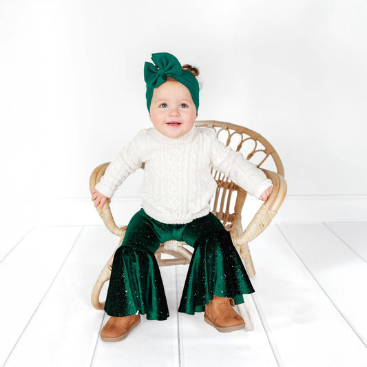 Green Glitter Velvet Christmas Baby Bell Bottoms: 12 months