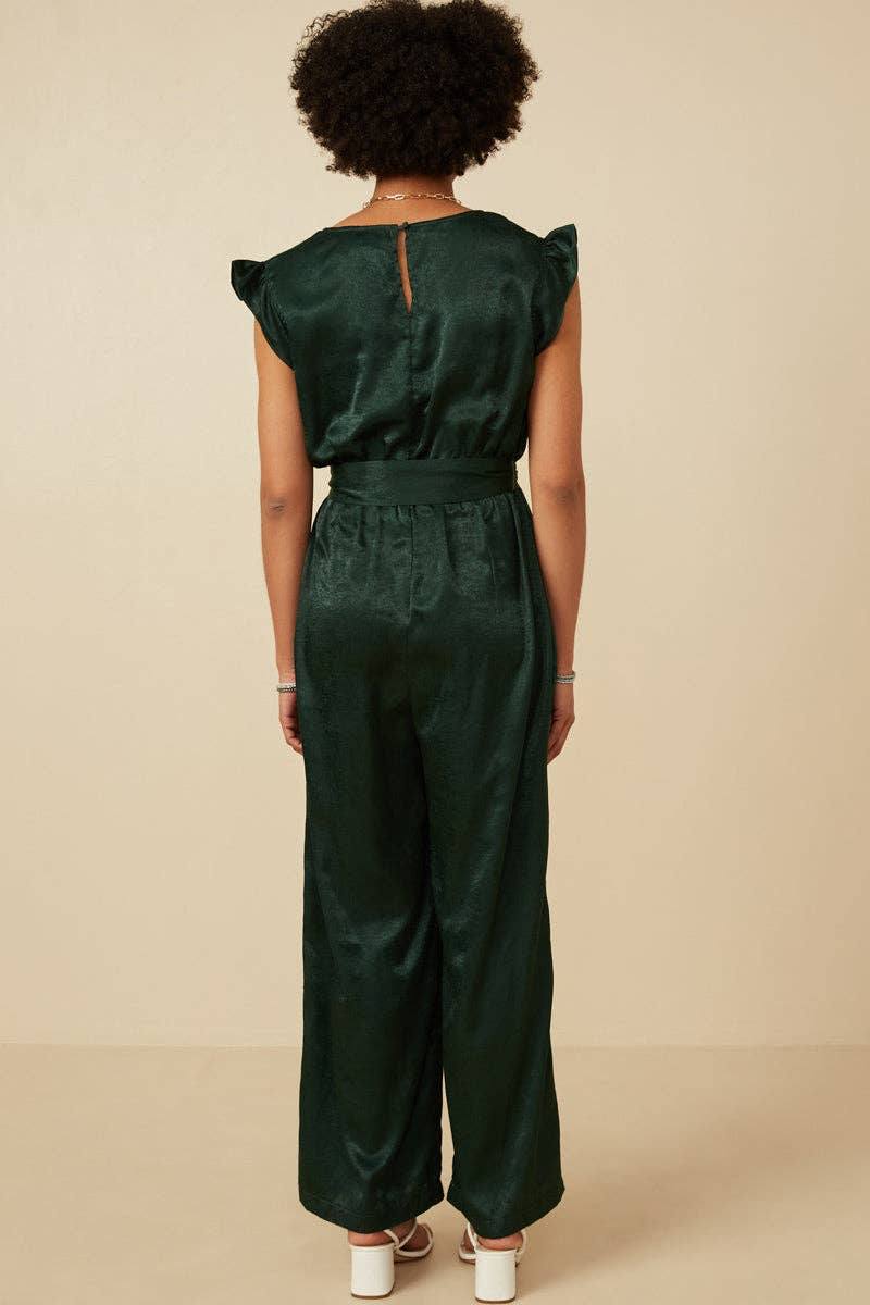 Womens Ruffled Crushed Satin Wide Leg Jumpsuit
