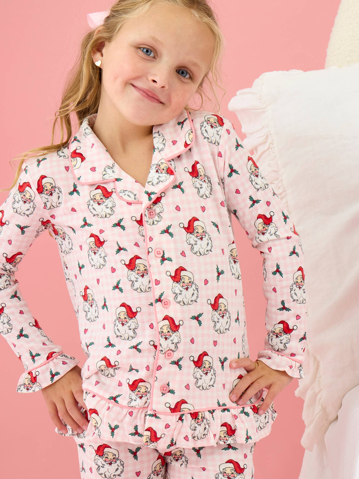 SoftSnooze™ Girls Pink Dear Santa Long Sleeve Button Up Ruffle Flare Pajama Set: Pink / 4T