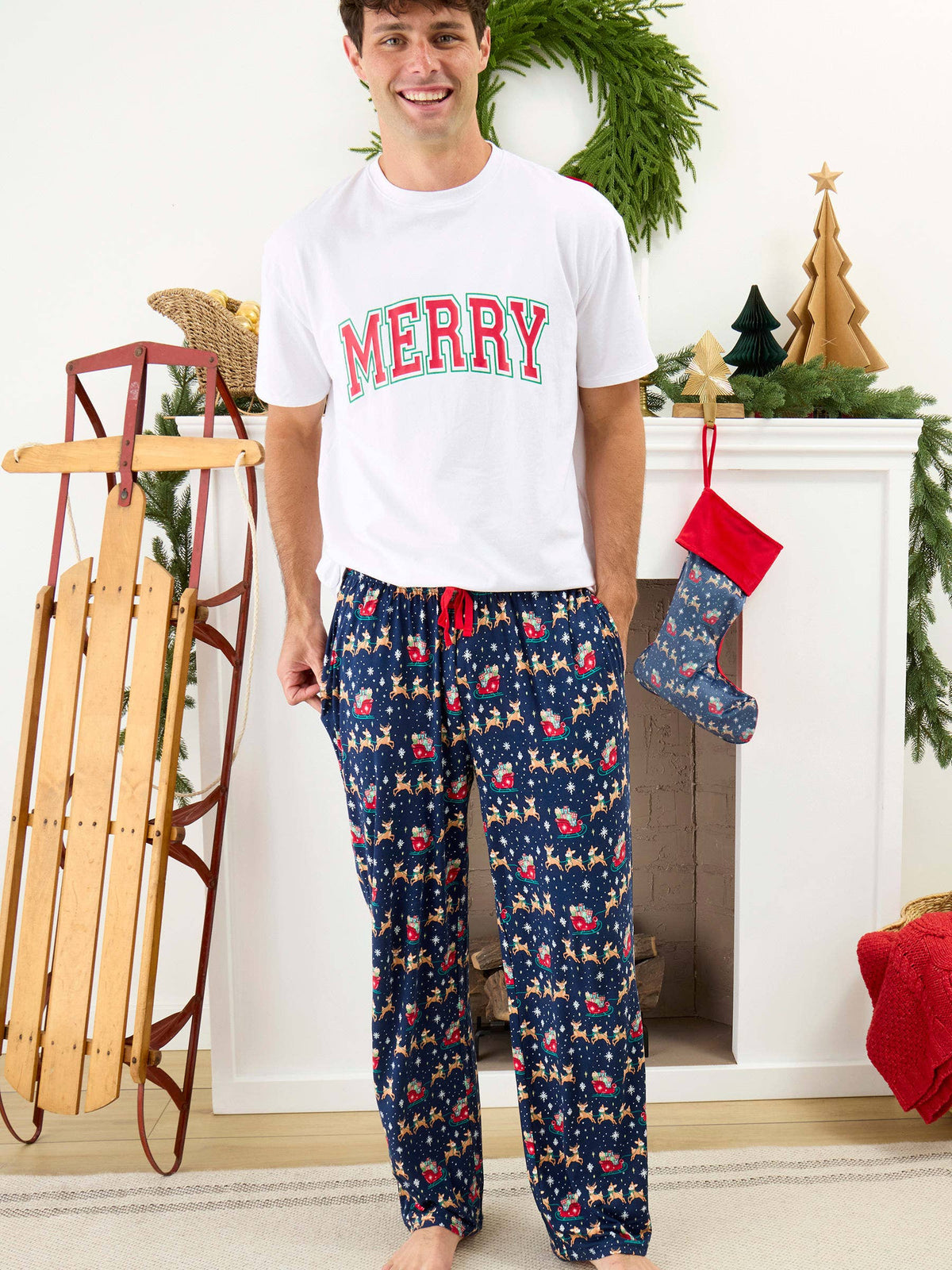 SoftSnooze™ Adult Bamboo Viscose Blue Christmas Reindeer Sleigh Ride Pajama Pants: Navy / Adult S