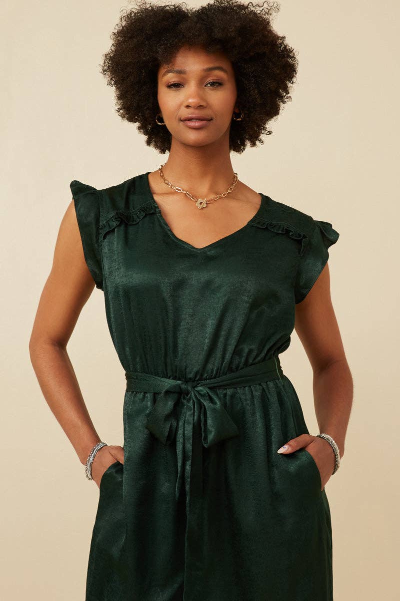 Womens Ruffled Crushed Satin Wide Leg Jumpsuit