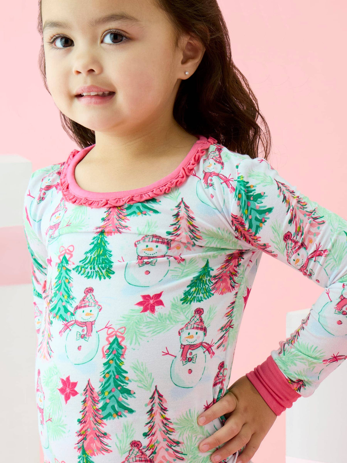 SoftSnooze™ Toddler Girls Bamboo Viscose Pink Snowman Grove Ruffle Long Sleeve Pajama Set with Signature Rear Ruffles: Pink / 3T