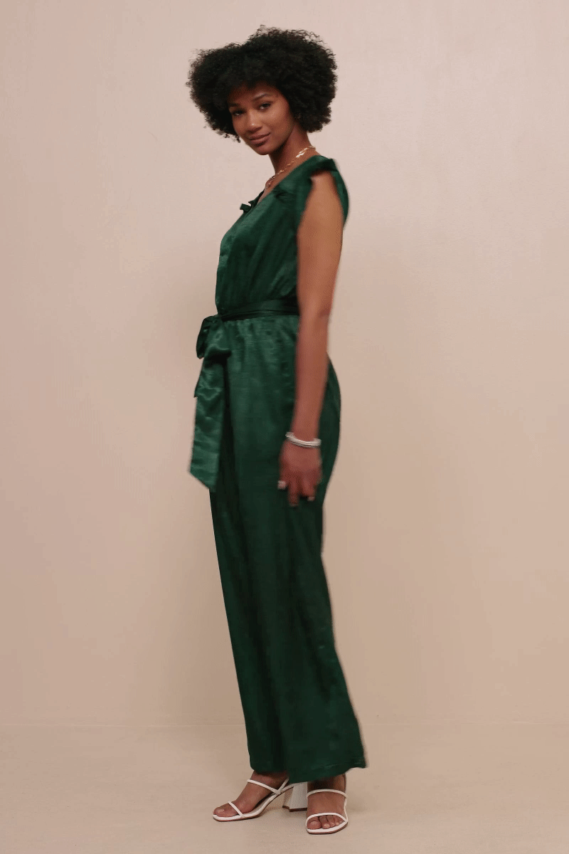 Womens Ruffled Crushed Satin Wide Leg Jumpsuit