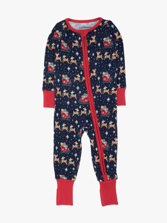 Baby Bamboo Blue Christmas Reindeer Sleigh Ride Convertible One Piece Footie Pajama