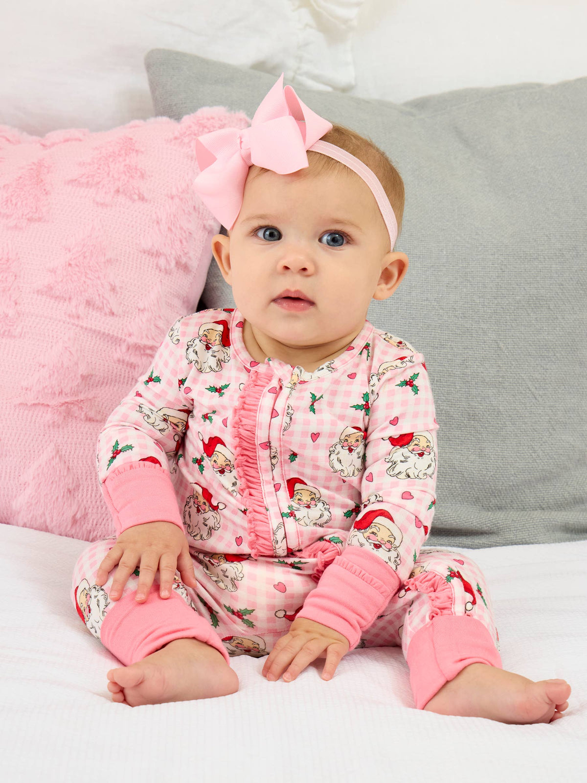 SoftSnooze™ Baby Girls Bamboo Viscose Pink Dear Santa Convertible Ruffle One Piece Footie Pajama: Pink / 3-6m
