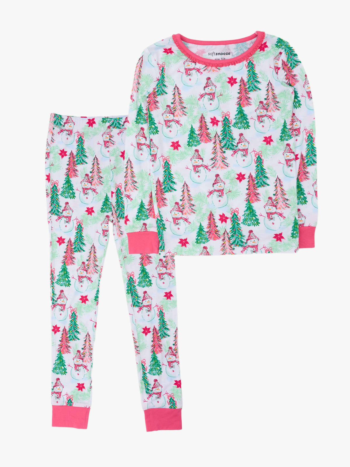 SoftSnooze™ Girls Bamboo Viscose Pink Snowman Grove Ruffle Long Sleeve Pajama Set: Pink / 7/8