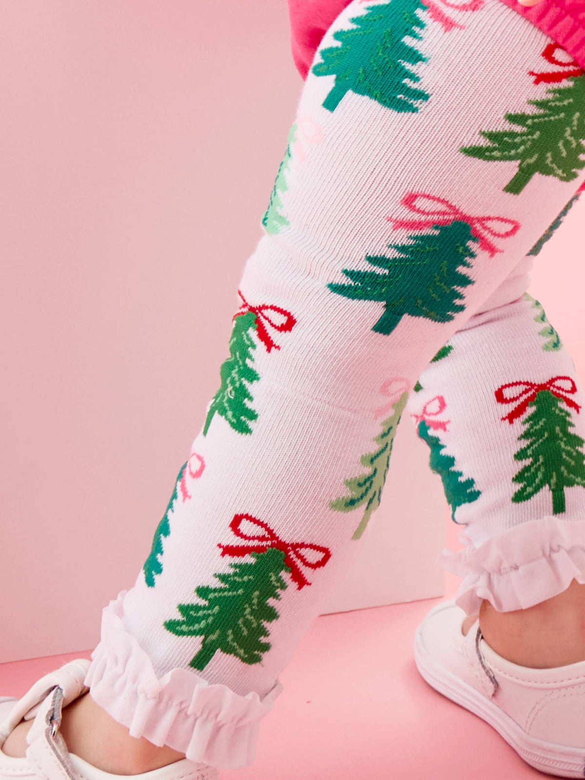 Girls Christmas Tree Bows Patterned Footless Ruffle Tights: Green / 6-12m