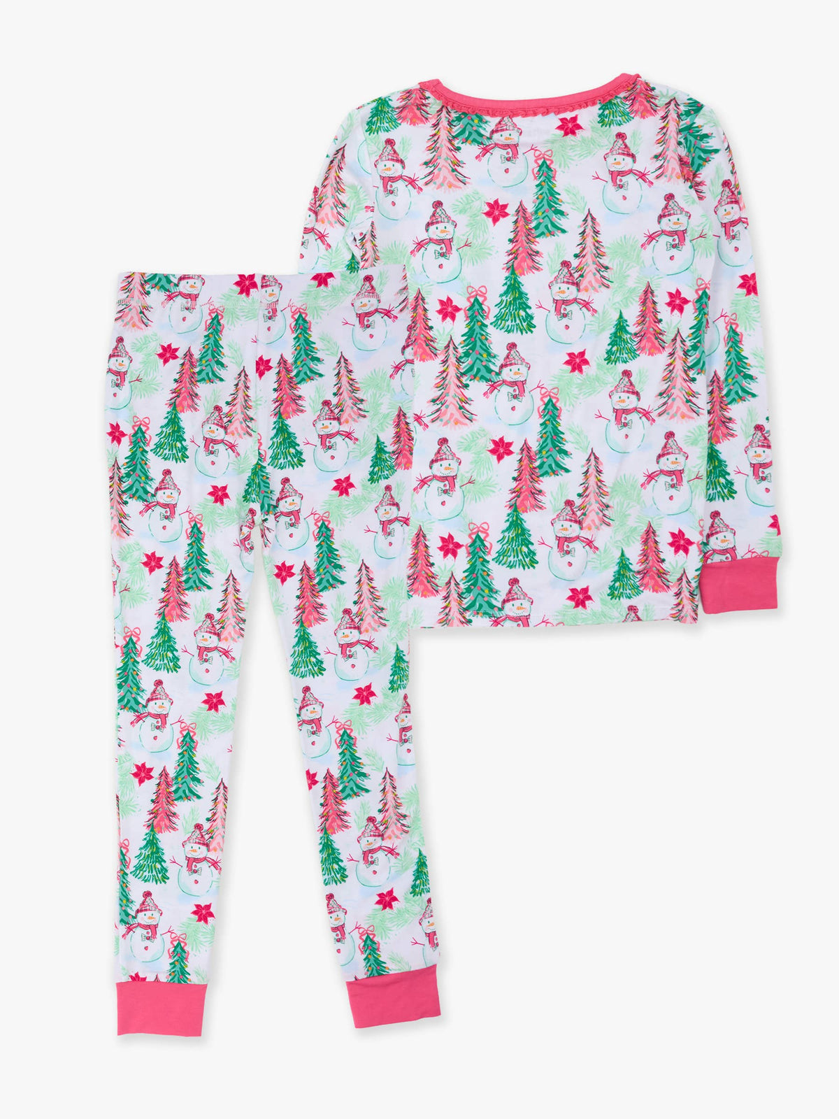 SoftSnooze™ Girls Bamboo Viscose Pink Snowman Grove Ruffle Long Sleeve Pajama Set: Pink / 5/6