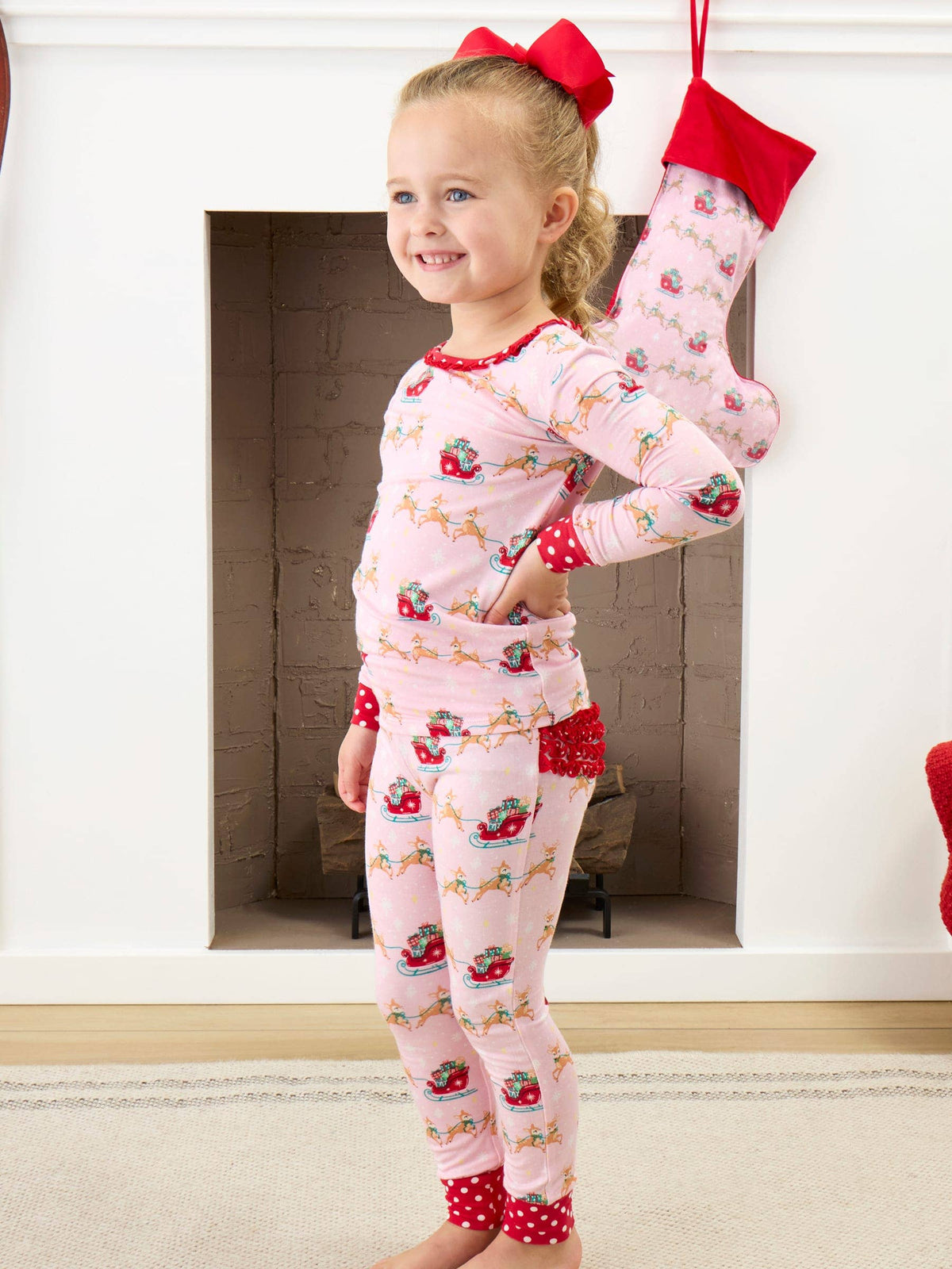 SoftSnooze™ Toddler Girls Bamboo Viscose Pink Christmas Reindeer Sleigh Ride Ruffle Long Sleeve Pajama Set with Signature Rear Ruffles: Pink / 2T