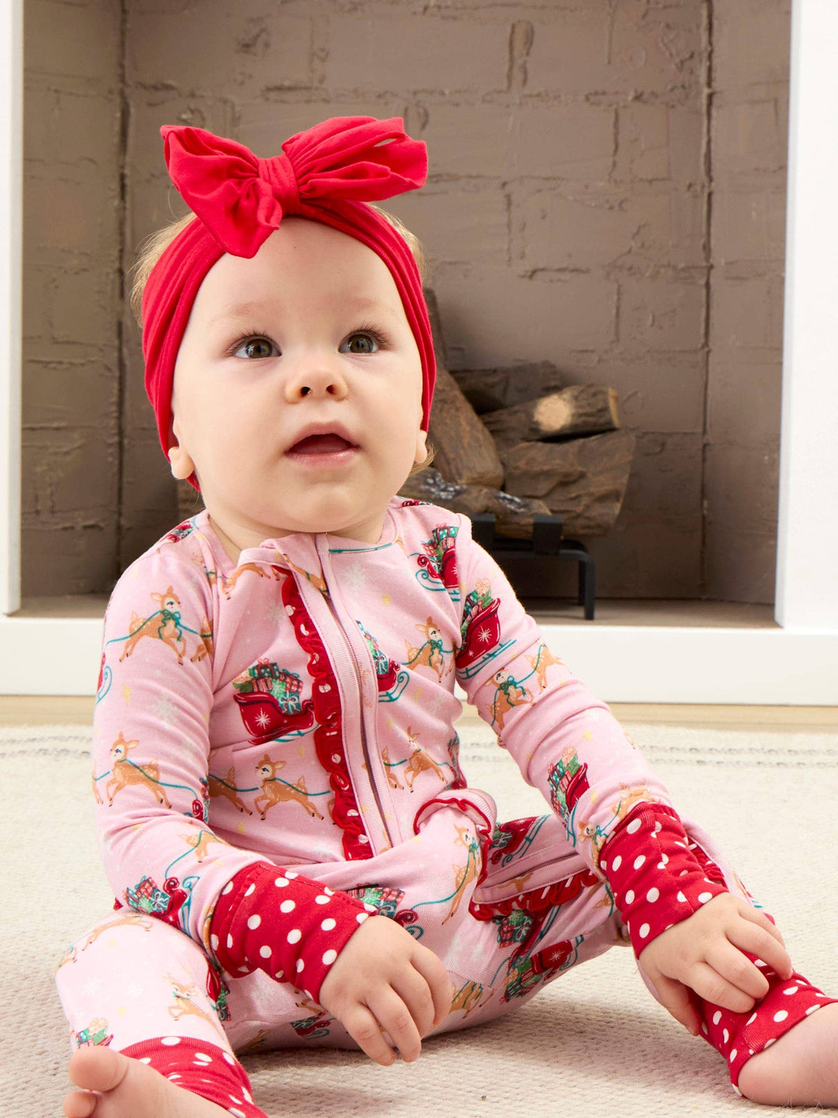 SoftSnooze™ Baby Girls Bamboo Viscose Pink Christmas Reindeer Sleigh Ride Convertible Ruffle One Piece Footie Pajama: Pink / 6-12m