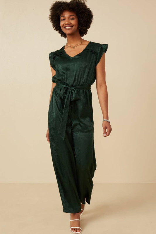 Womens Ruffled Crushed Satin Wide Leg Jumpsuit