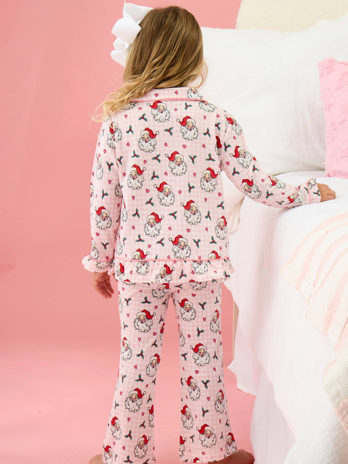 SoftSnooze™ Girls Pink Dear Santa Long Sleeve Button Up Ruffle Flare Pajama Set: Pink / 7/8
