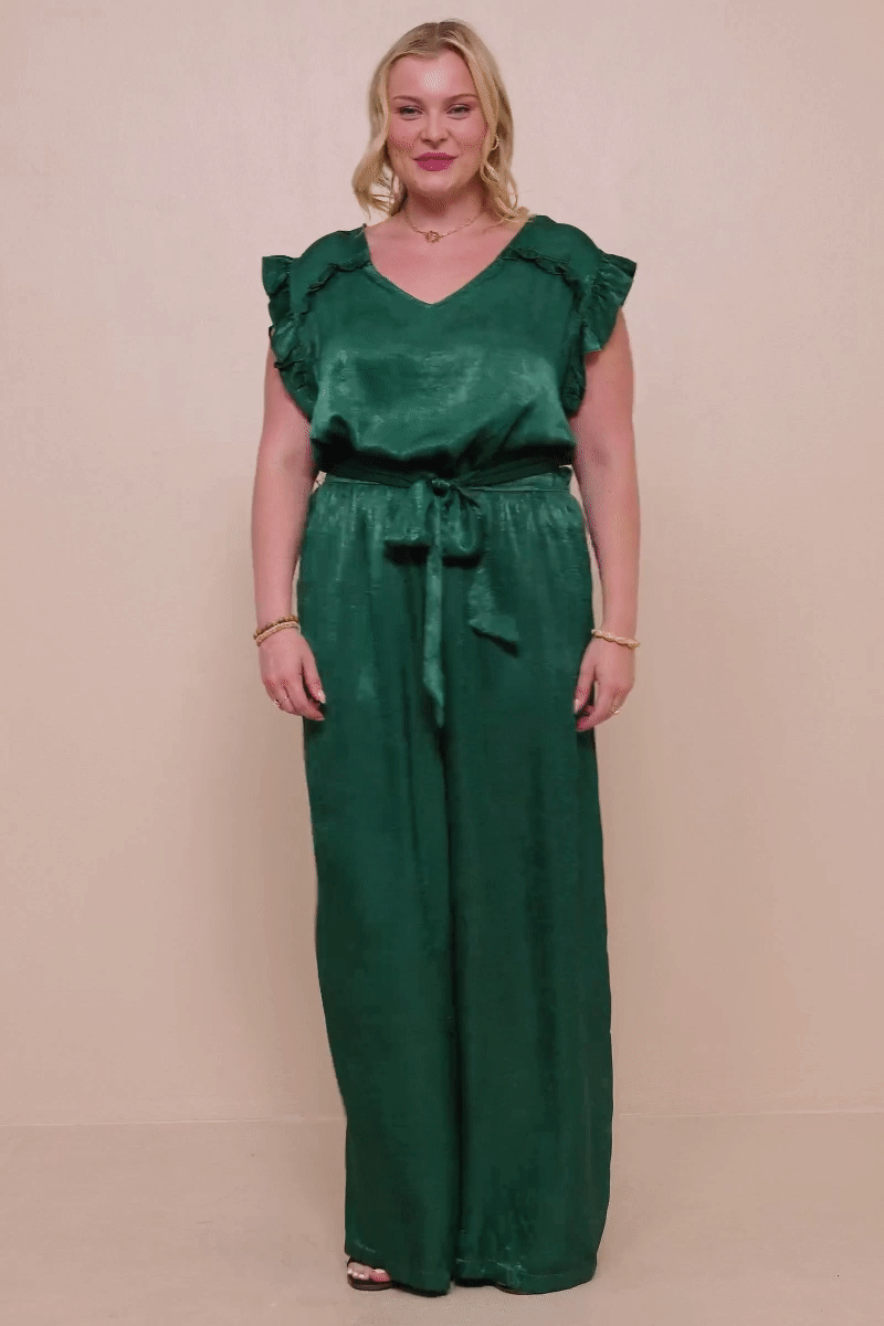Womens Ruffled Crushed Satin Wide Leg Jumpsuit