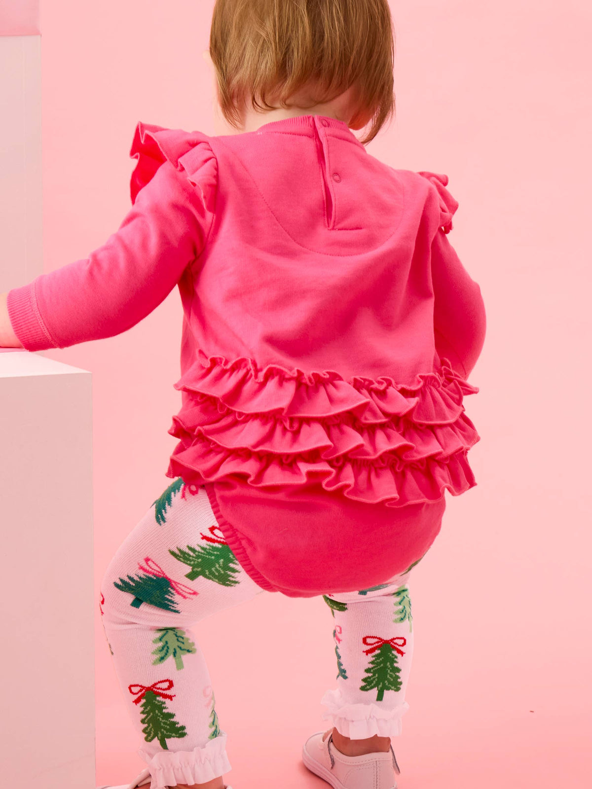 Girls Christmas Tree Bows Patterned Footless Ruffle Tights: Green / 0-6m