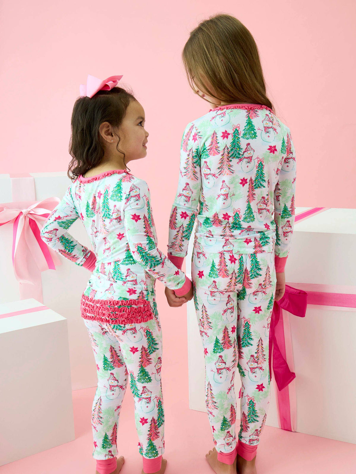 SoftSnooze™ Girls Bamboo Viscose Pink Snowman Grove Ruffle Long Sleeve Pajama Set: Pink / 7/8