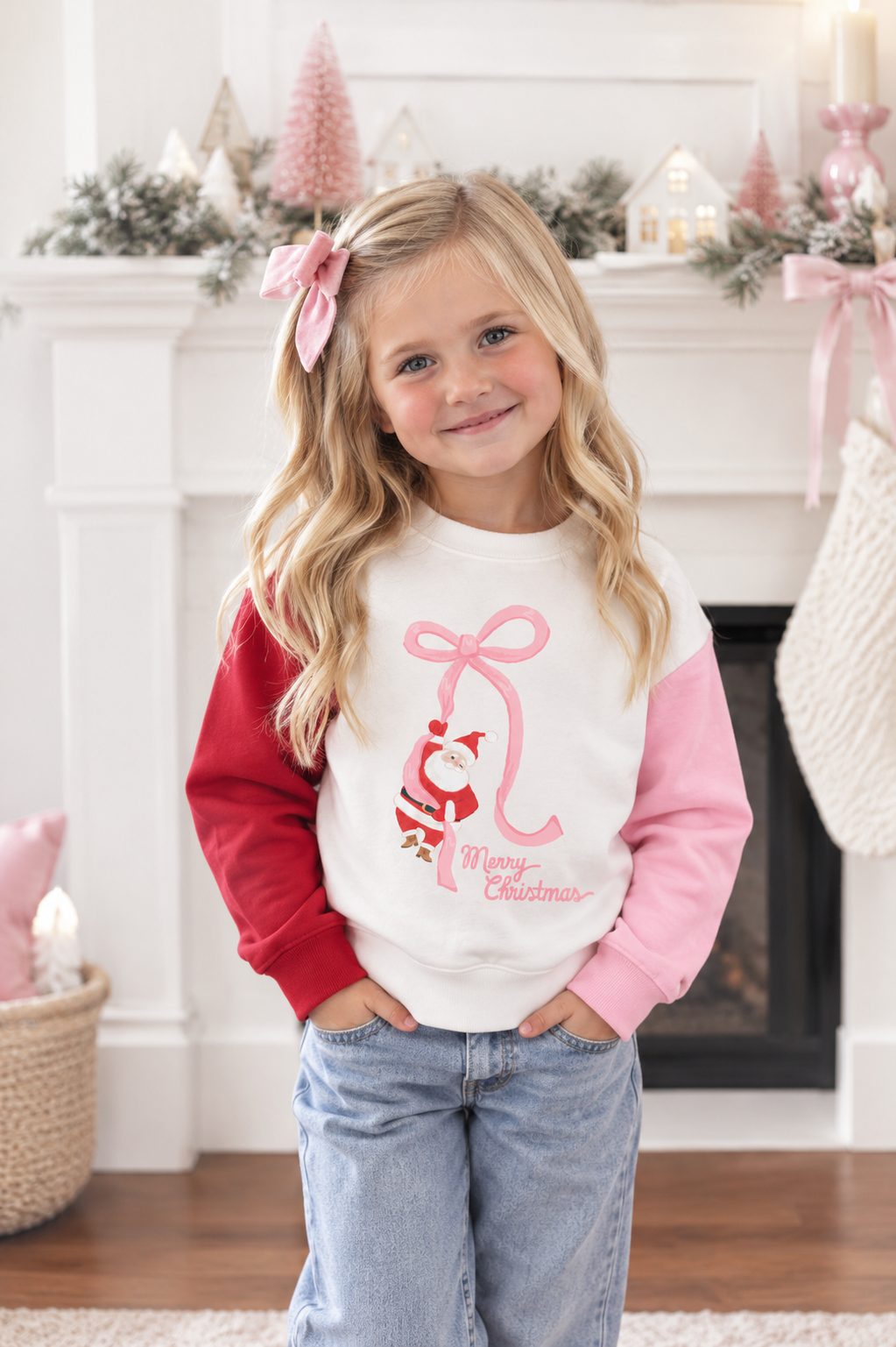 Santa Bow | Pink Girls Christmas Sweatshirt: 3T