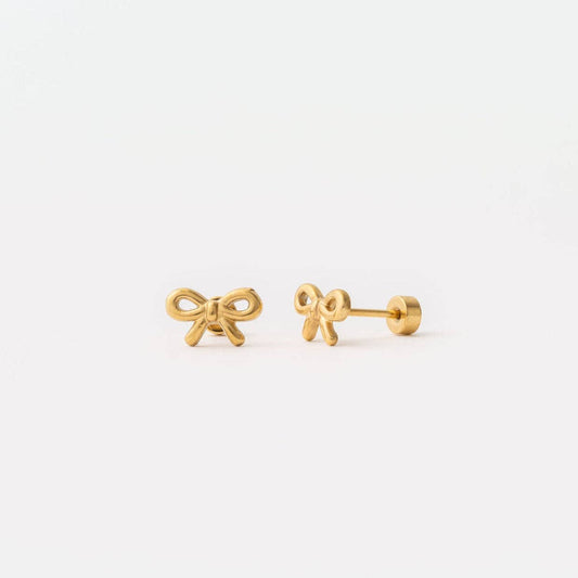 Bow Long Post Gold Stud - Hypoallergenic, Flat Back, Girl : Pair