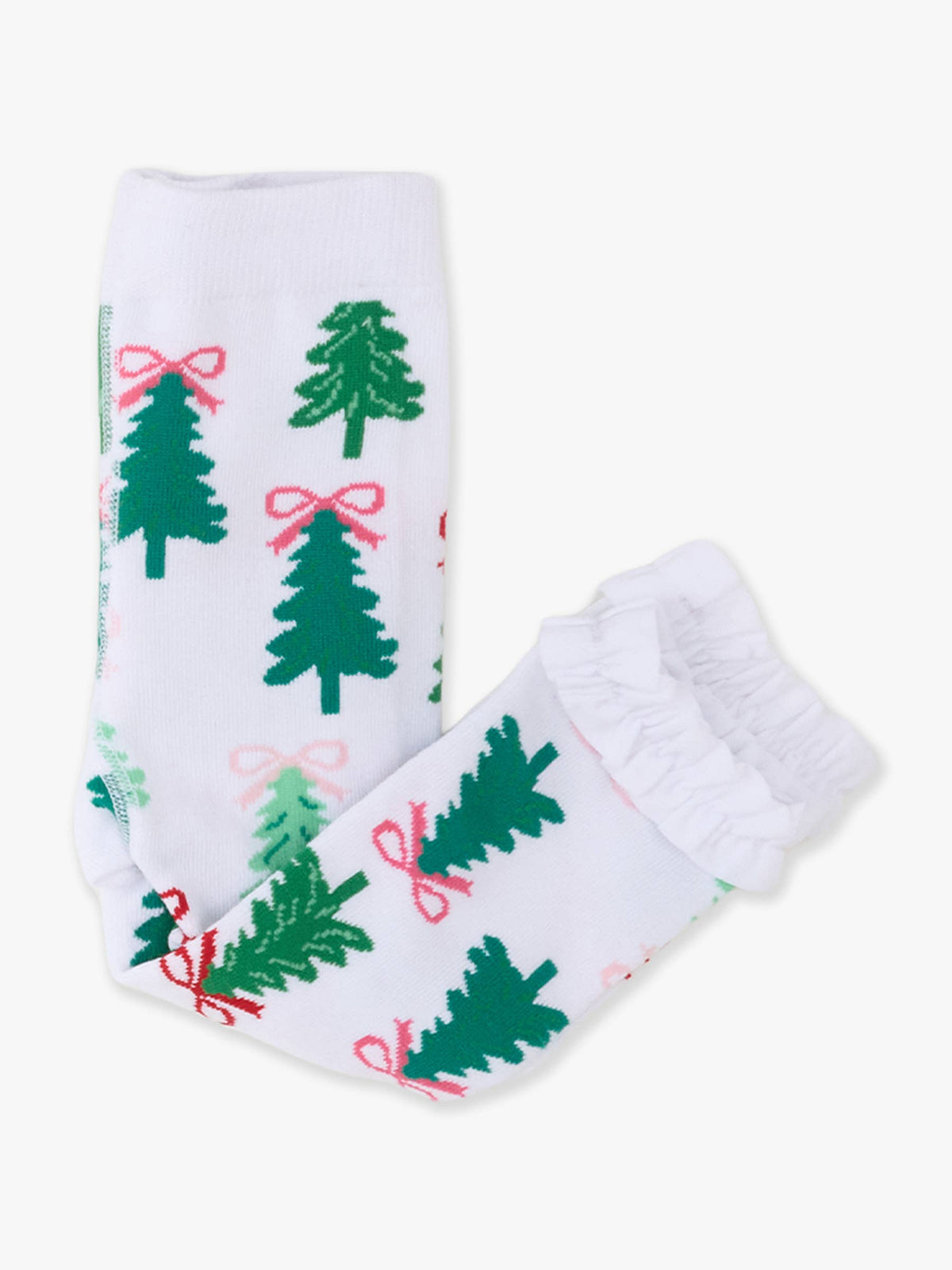 Girls Christmas Tree Bows Patterned Footless Ruffle Tights: Green / 6-12m