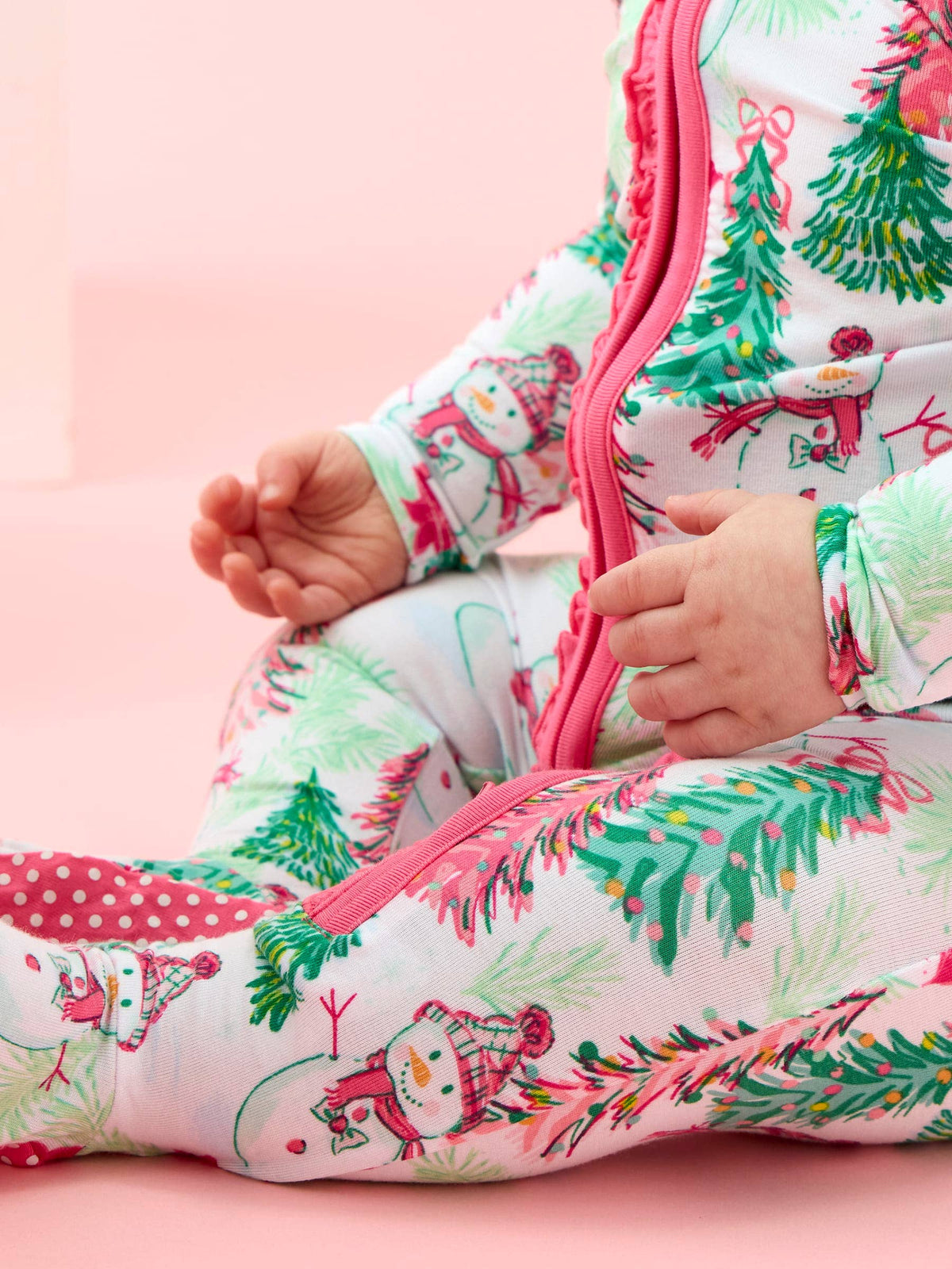 SoftSnooze™ Baby Girls Bamboo Viscose Pink Snowman Grove Footed Ruffle One Piece Pajama: Pink / 18-24m