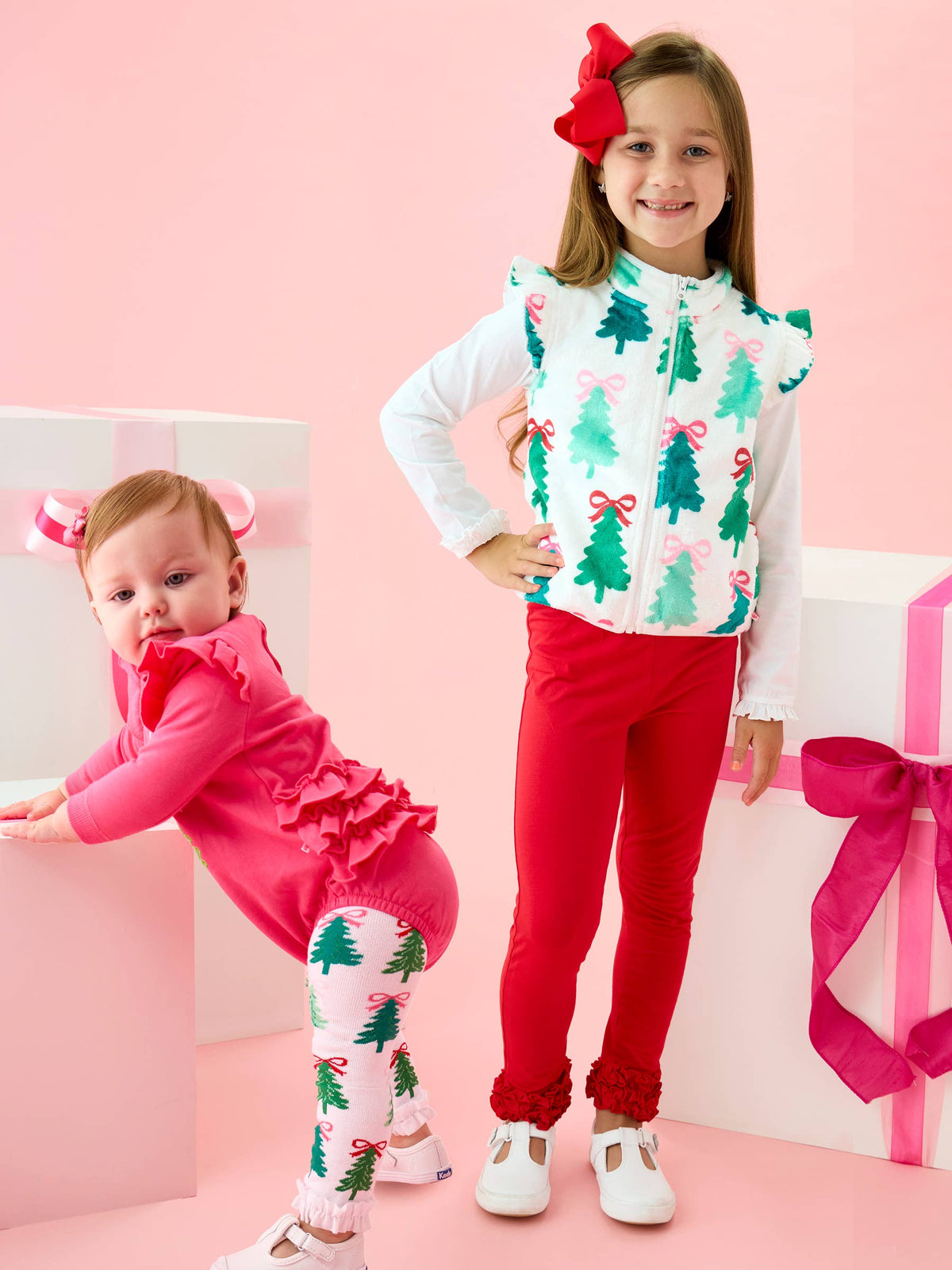Girls Christmas Tree Bows Patterned Footless Ruffle Tights: Green / 12-24m