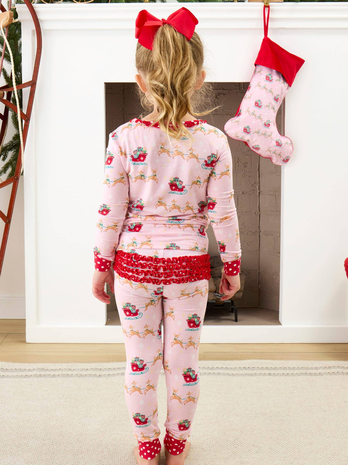 SoftSnooze™ Toddler Girls Bamboo Viscose Pink Christmas Reindeer Sleigh Ride Ruffle Long Sleeve Pajama Set with Signature Rear Ruffles: Pink / 2T