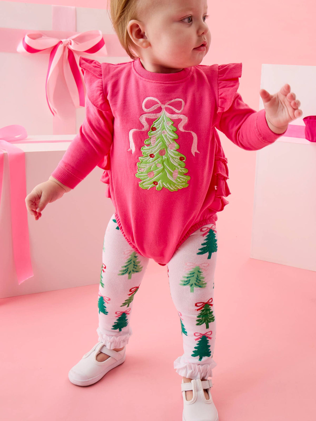 Girls Christmas Tree Bows Patterned Footless Ruffle Tights: Green / 0-6m