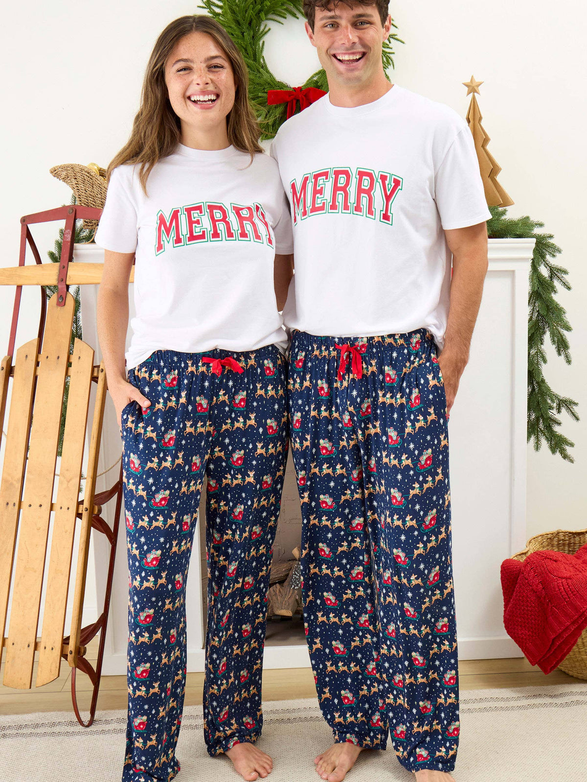 SoftSnooze™ Adult Bamboo Viscose Blue Christmas Reindeer Sleigh Ride Pajama Pants: Navy / Adult S
