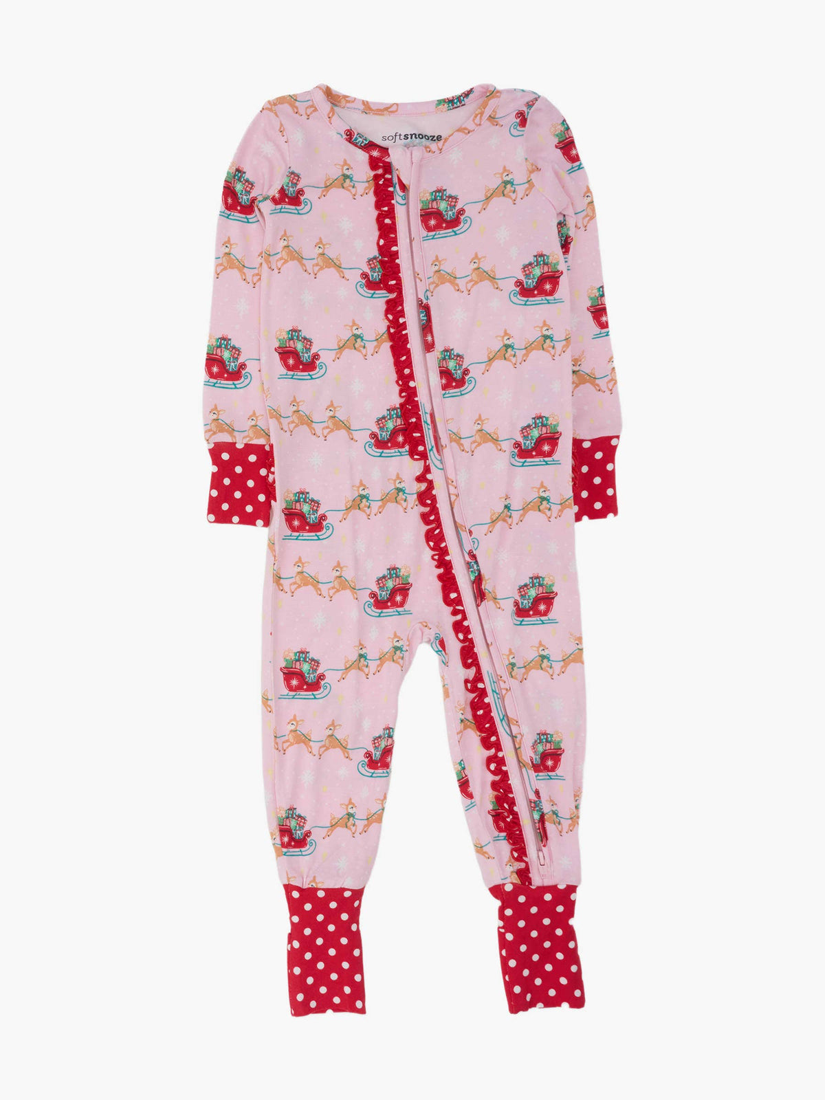 SoftSnooze™ Baby Girls Bamboo Viscose Pink Christmas Reindeer Sleigh Ride Convertible Ruffle One Piece Footie Pajama: Pink / 3-6m
