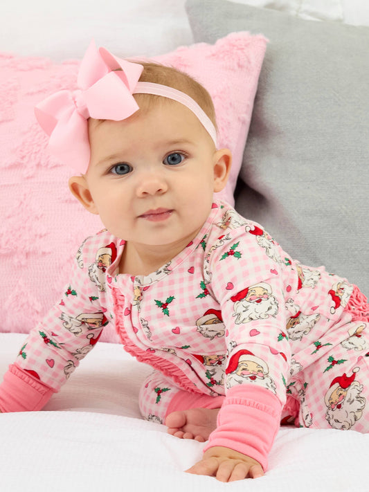 Girls Bamboo Pink Dear Santa Convertible Ruffle One Piece Footie Pajama