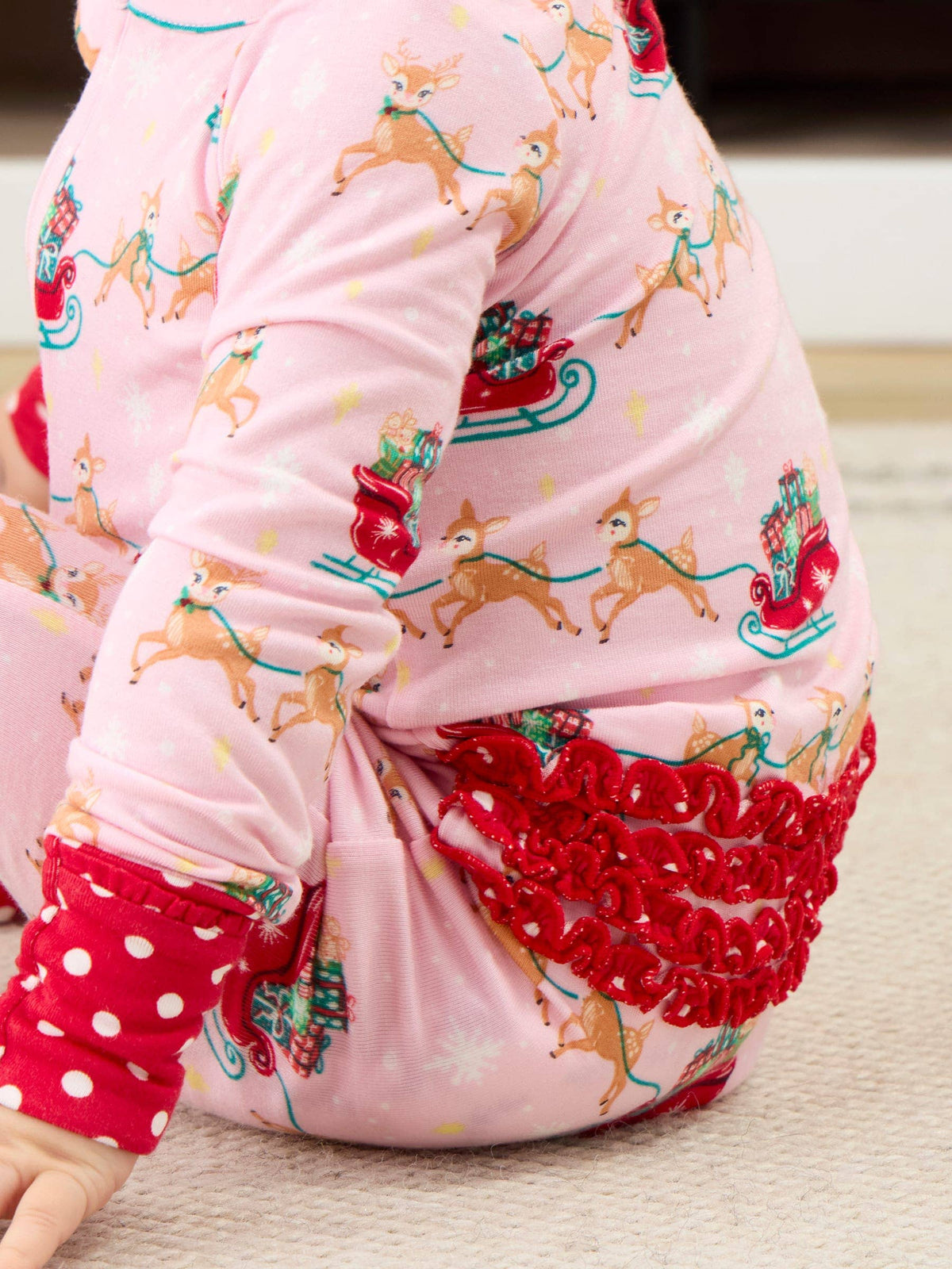 SoftSnooze™ Baby Girls Bamboo Viscose Pink Christmas Reindeer Sleigh Ride Convertible Ruffle One Piece Footie Pajama: Pink / 6-12m