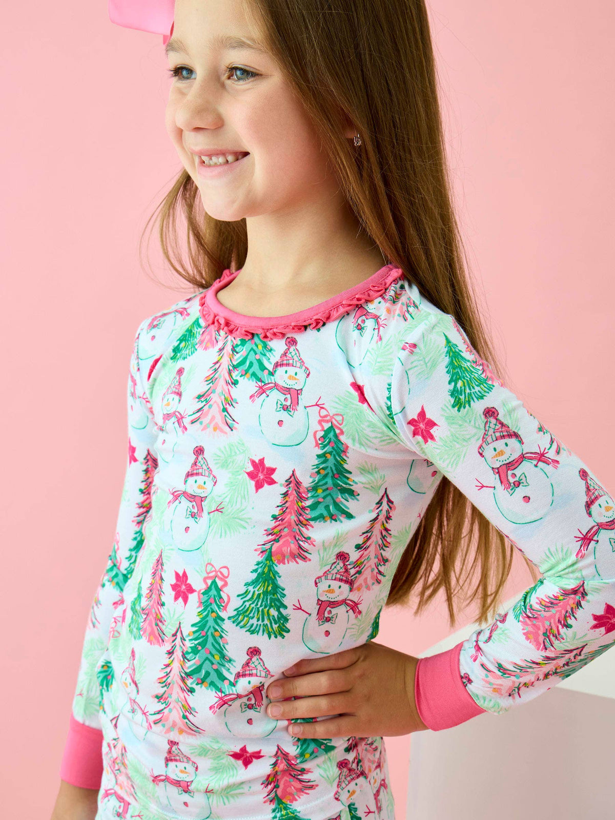 SoftSnooze™ Girls Bamboo Viscose Pink Snowman Grove Ruffle Long Sleeve Pajama Set: Pink / 5/6