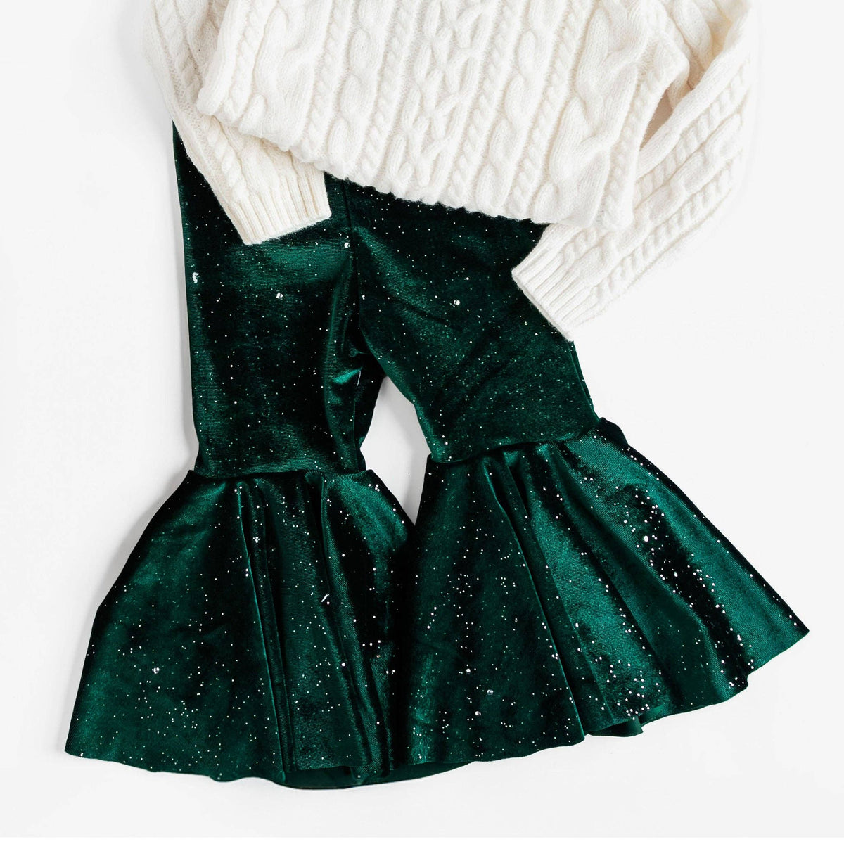 Green Glitter Velvet Christmas Baby Bell Bottoms: 9 months