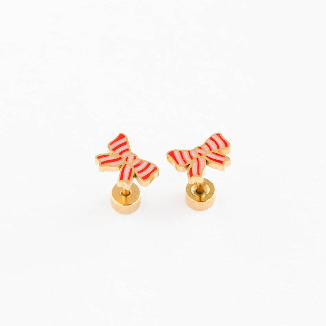 Striped Bow Stud Earrings - Hypoallergenic, Flat Back, Girl : Pair