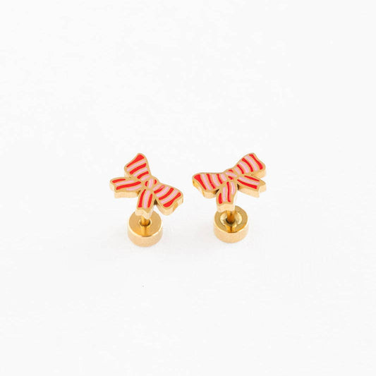 Striped Bow Stud Earrings - Hypoallergenic, Flat Back, Girl : Pair