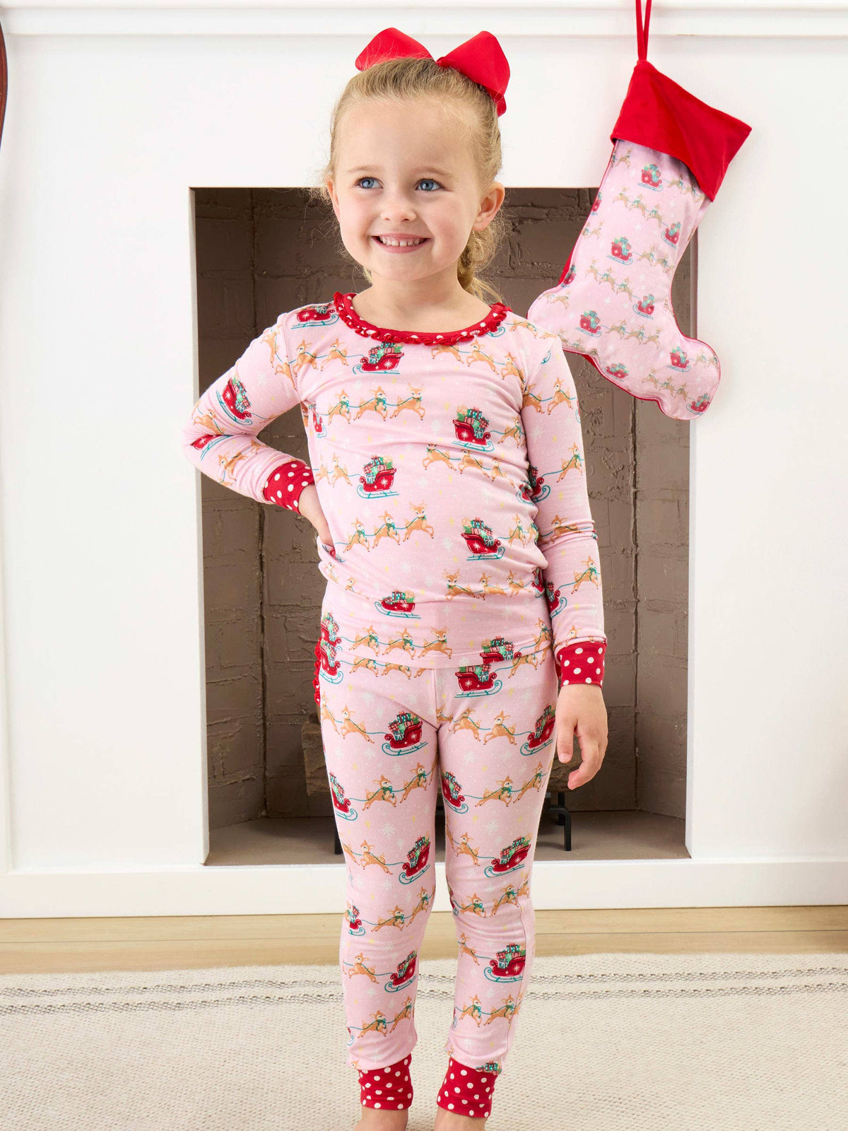 SoftSnooze™ Toddler Girls Bamboo Viscose Pink Christmas Reindeer Sleigh Ride Ruffle Long Sleeve Pajama Set with Signature Rear Ruffles: Pink / 4T