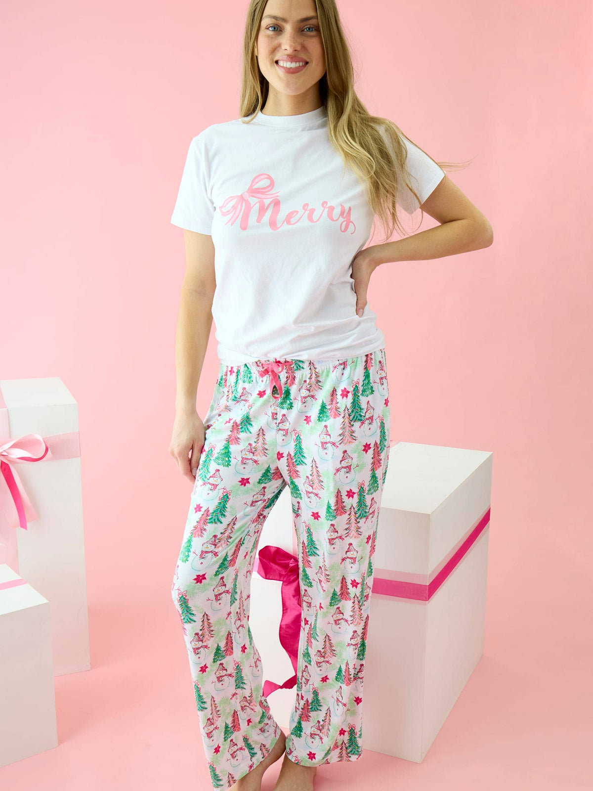 SoftSnooze™ Adult Bamboo Viscose Pink Snowman Grove Pajama Pants: Pink / Adult L