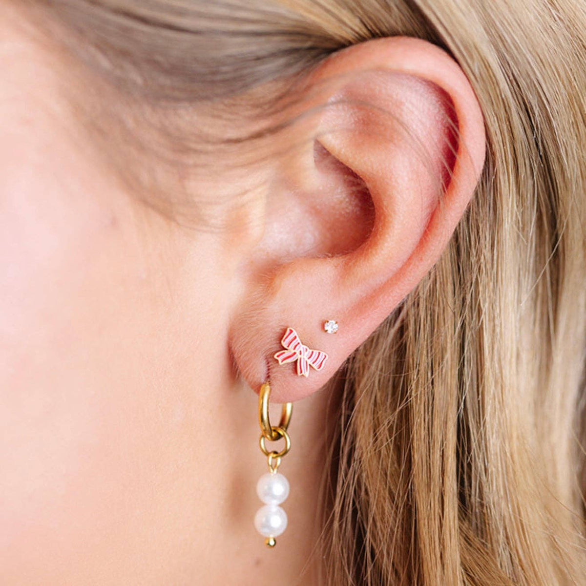 Striped Bow Stud Earrings - Hypoallergenic, Flat Back, Girl : Pair