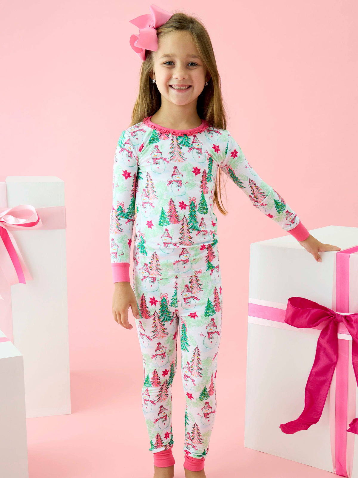 SoftSnooze™ Girls Bamboo Viscose Pink Snowman Grove Ruffle Long Sleeve Pajama Set: Pink / 5/6