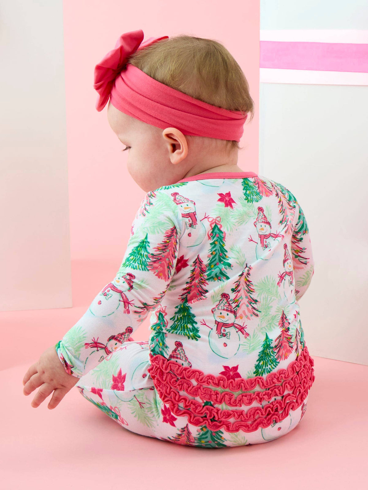 SoftSnooze™ Baby Girls Bamboo Viscose Pink Snowman Grove Footed Ruffle One Piece Pajama: Pink / 6-12m