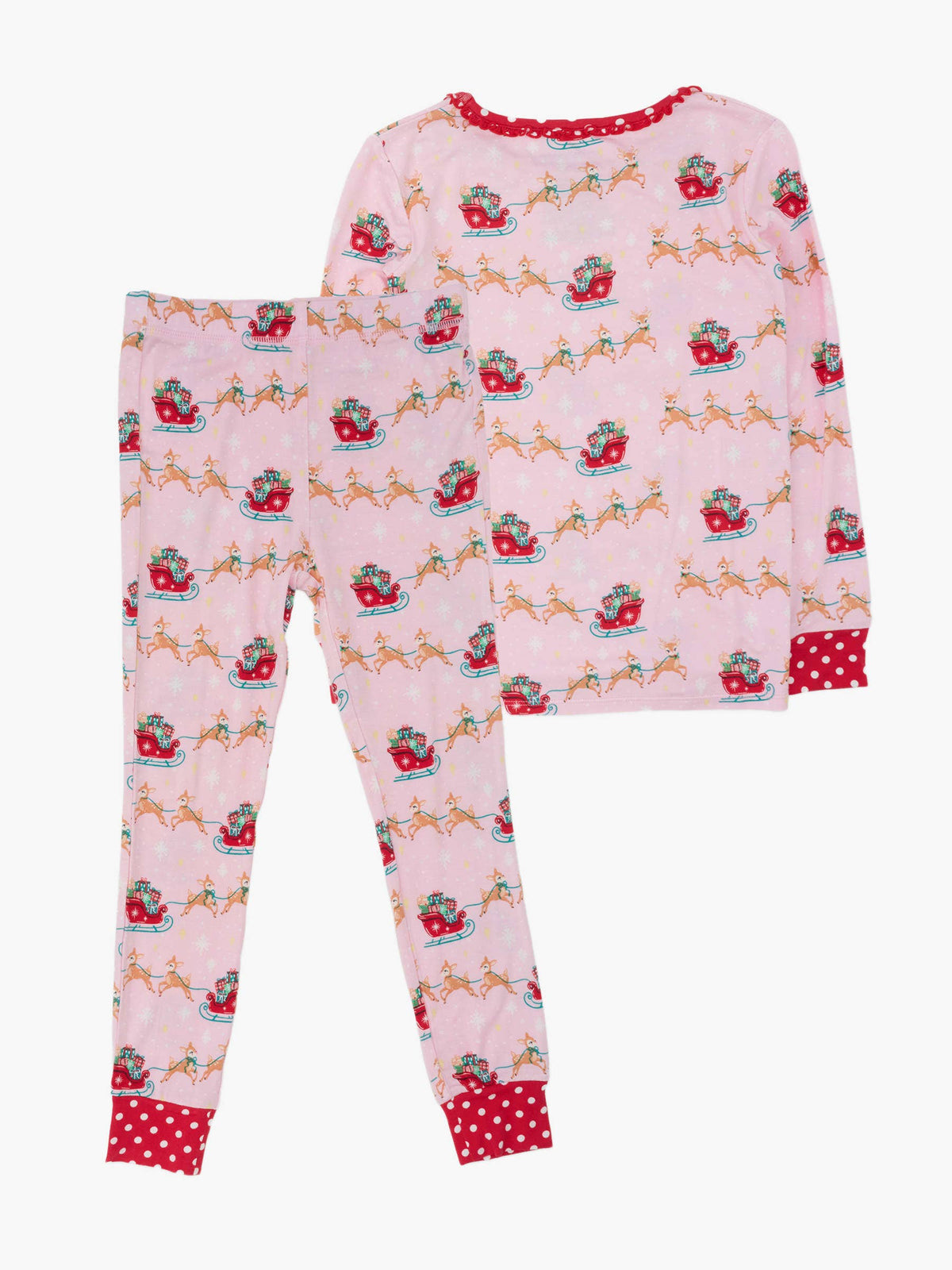 SoftSnooze™ Girls Bamboo Viscose Pink Christmas Reindeer Sleigh Ride Ruffle Long Sleeve Pajama Set: Pink / 7/8