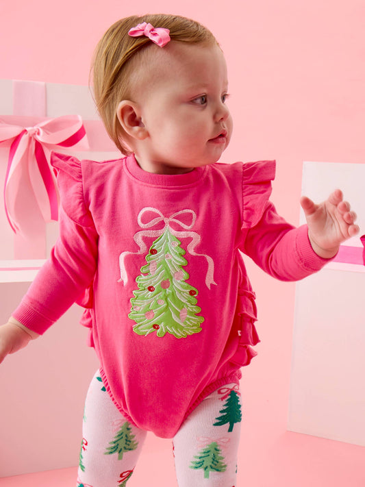 Baby Girls Christmas Tree Hot Pink Bow Applique Sweatshirt Bubble Romper with Signature Rear Ruffles: Pink / 18-24m