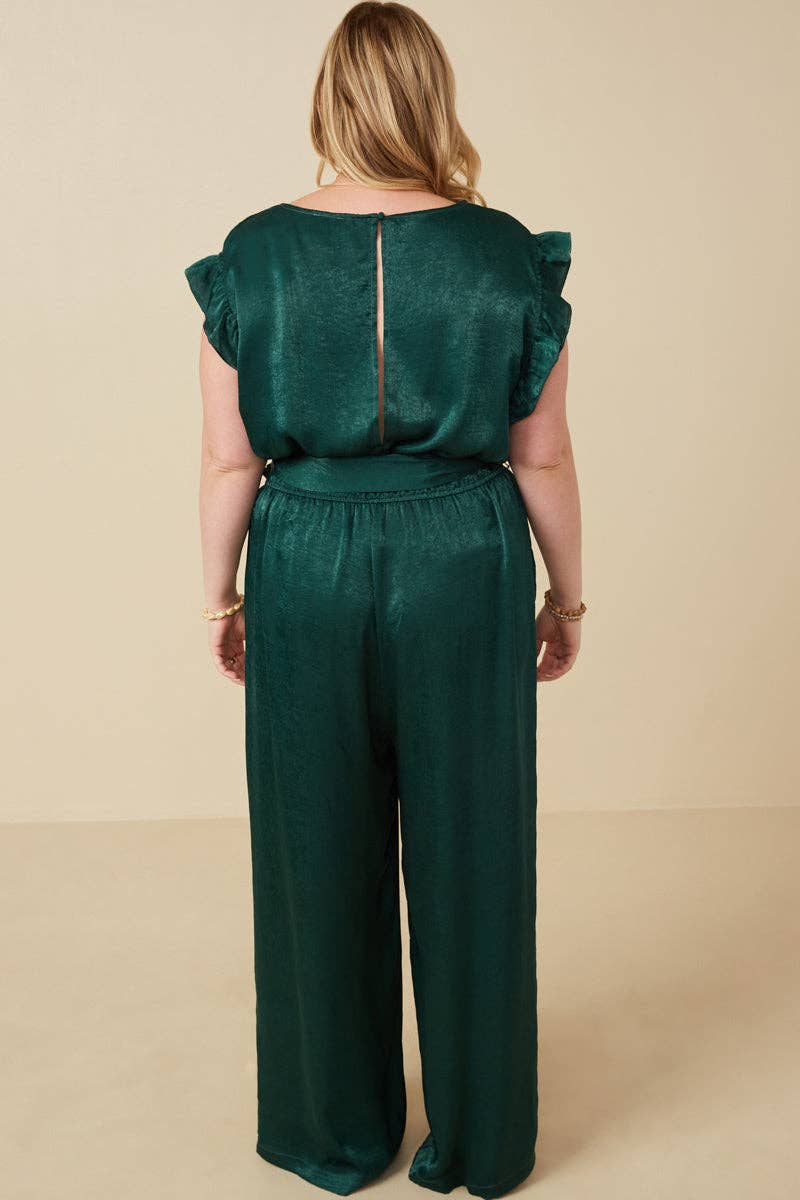 Womens Ruffled Crushed Satin Wide Leg Jumpsuit