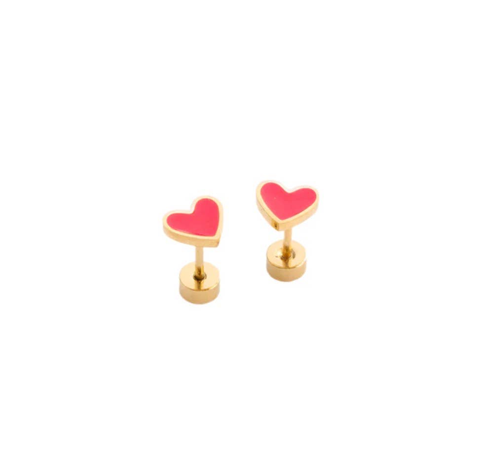 Heart Stud Earring - Hypoallergenic, Flat Back, Girl : Neon Pink