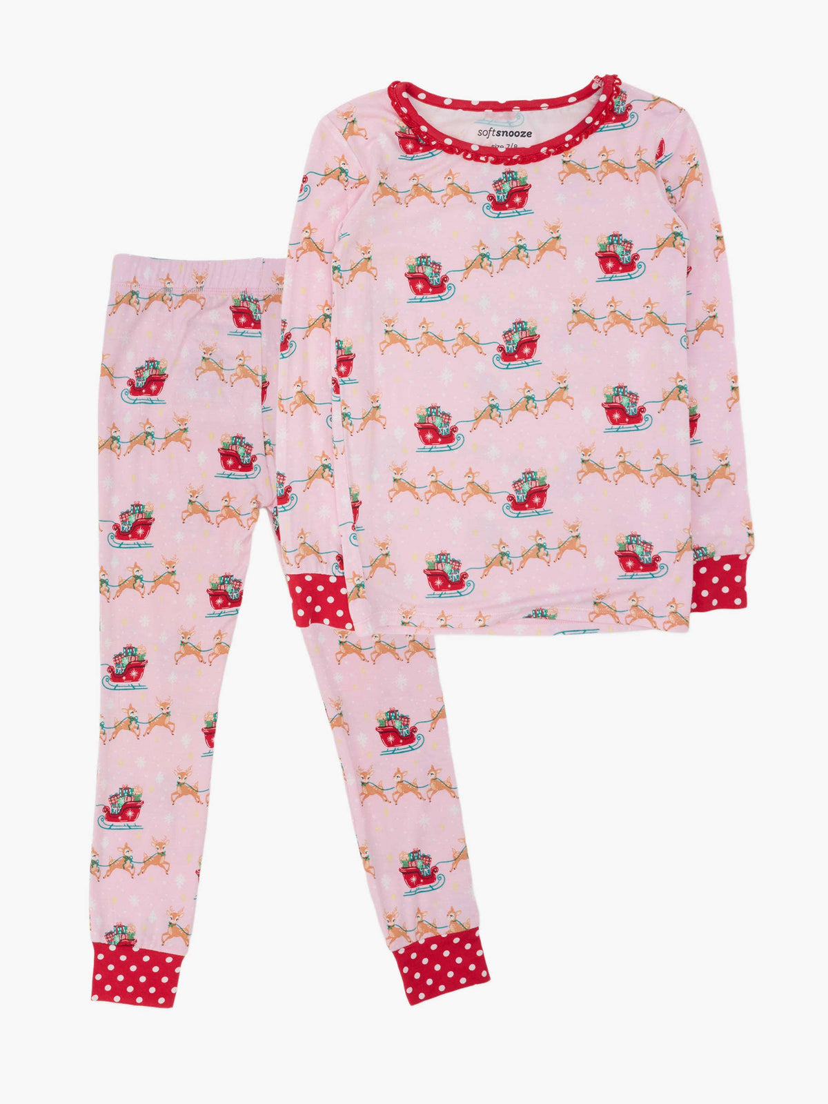 SoftSnooze™ Girls Bamboo Viscose Pink Christmas Reindeer Sleigh Ride Ruffle Long Sleeve Pajama Set: Pink / 9/10